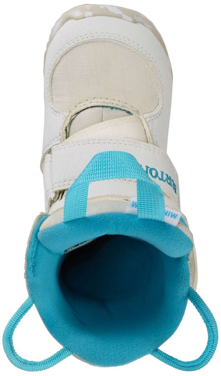 Burton Kid's Mini Grom Snowboard Boot 2024 - White snowboard boots with a blue strap and laces.