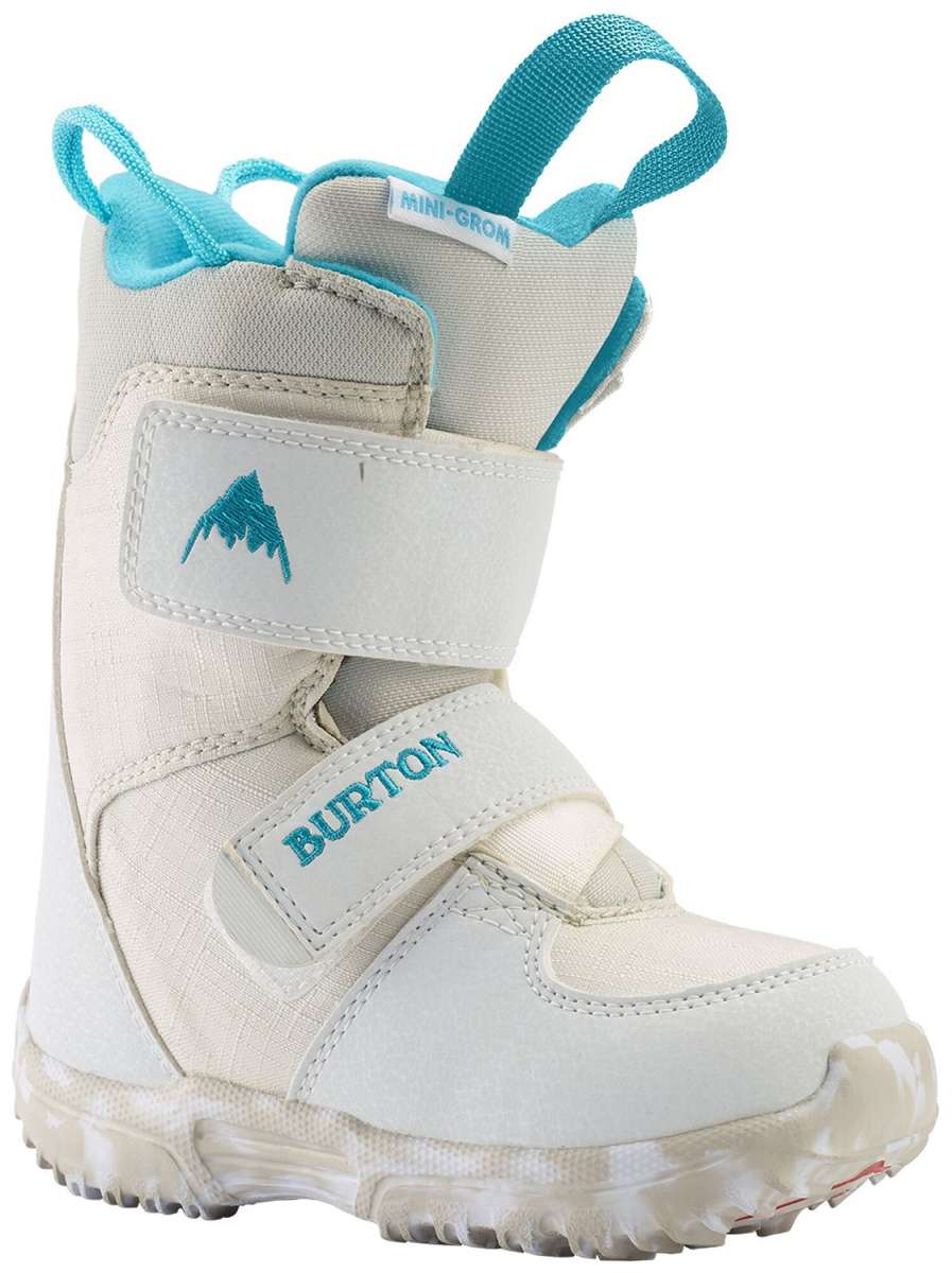 Burton Kid's Mini Grom Snowboard Boot 2024 - White snowboard boots with a blue logo on the side and a strap closure.
