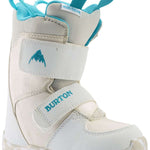 Burton Kid's Mini Grom Snowboard Boot 2024 - White snowboard boots with a blue logo on the side and a strap closure.
