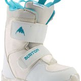 Burton Kid's Mini Grom Snowboard Boot 2024 - White snowboard boots with a blue logo on the side and a strap closure.