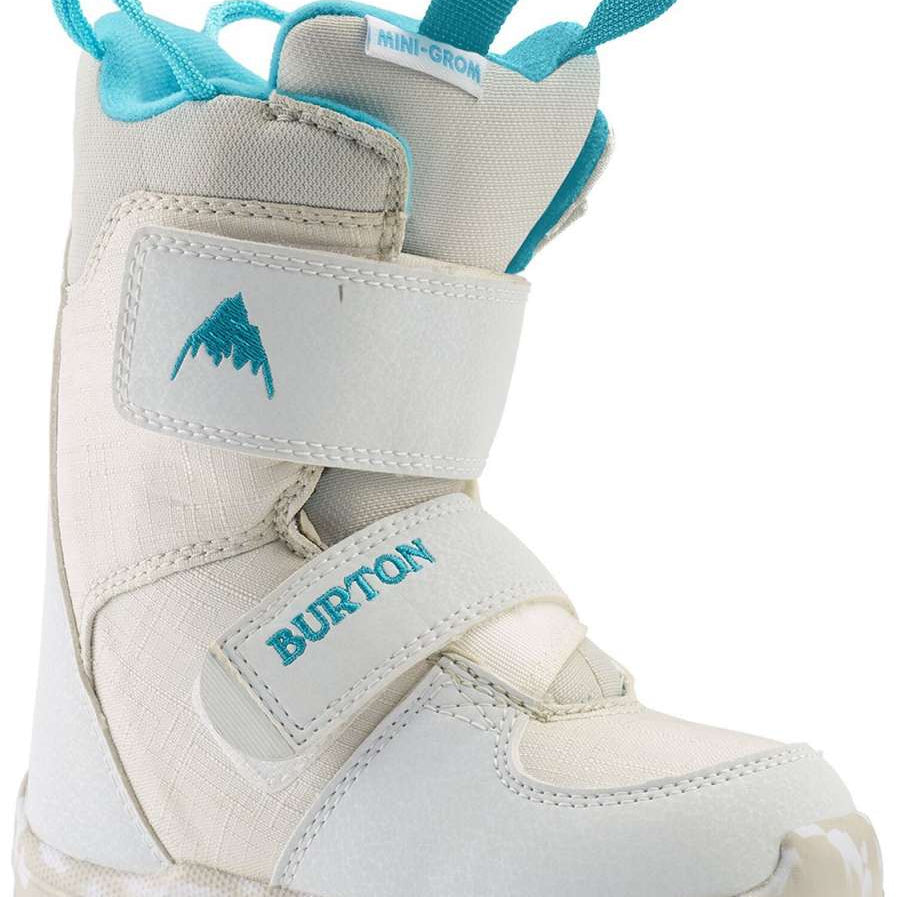 Burton Kid's Mini Grom Snowboard Boot 2024 - White snowboard boots with a blue logo on the side and a strap closure.