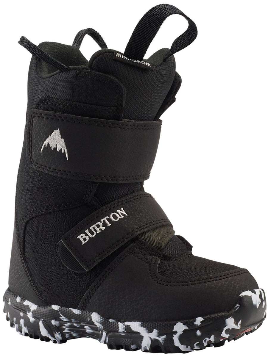 Burton Kid's Mini Grom Snowboard Boot 2024 - A black snowboard boot with a white logo on the side and a strap that says "BURTON" in white letters.