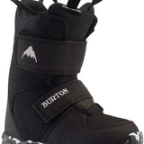 Burton Kid's Mini Grom Snowboard Boot 2024 - A black snowboard boot with a white logo on the side and a strap that says "BURTON" in white letters.
