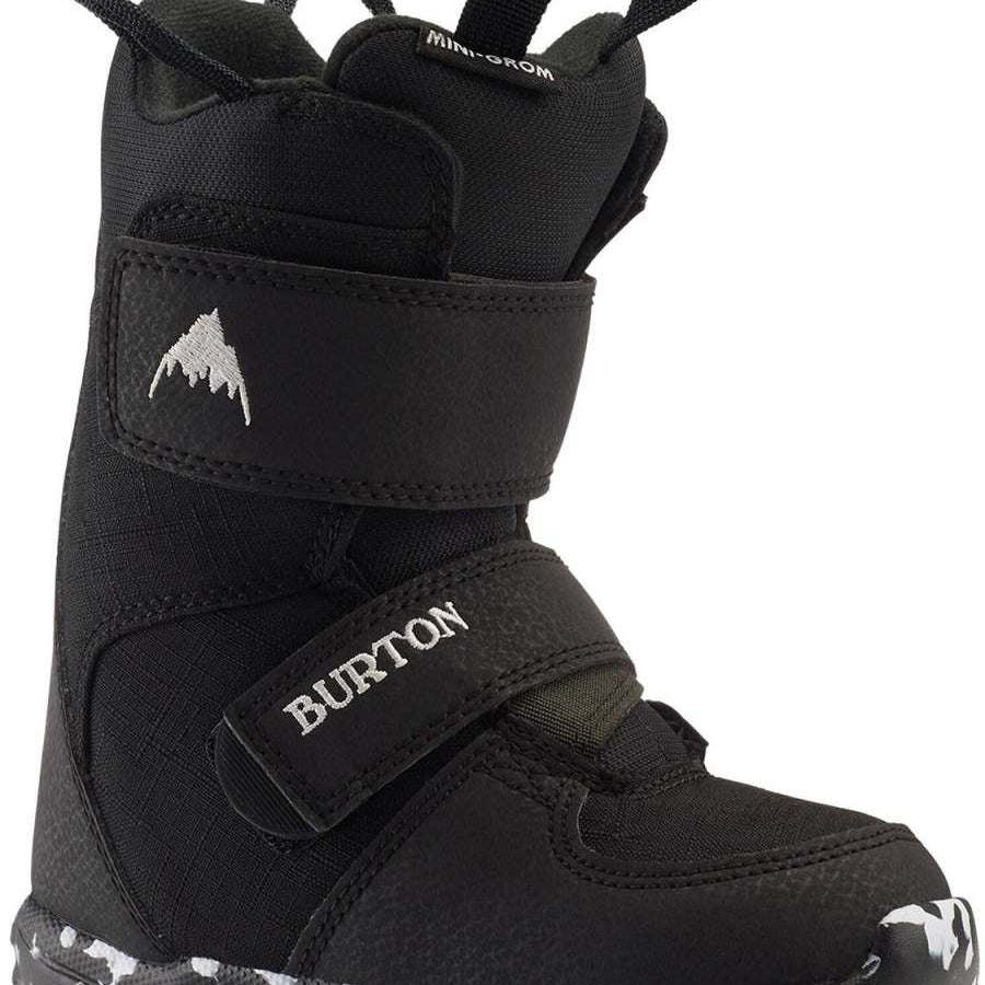 Burton Kid's Mini Grom Snowboard Boot 2024 - A black snowboard boot with a white logo on the side and a strap that says "BURTON" in white letters.
