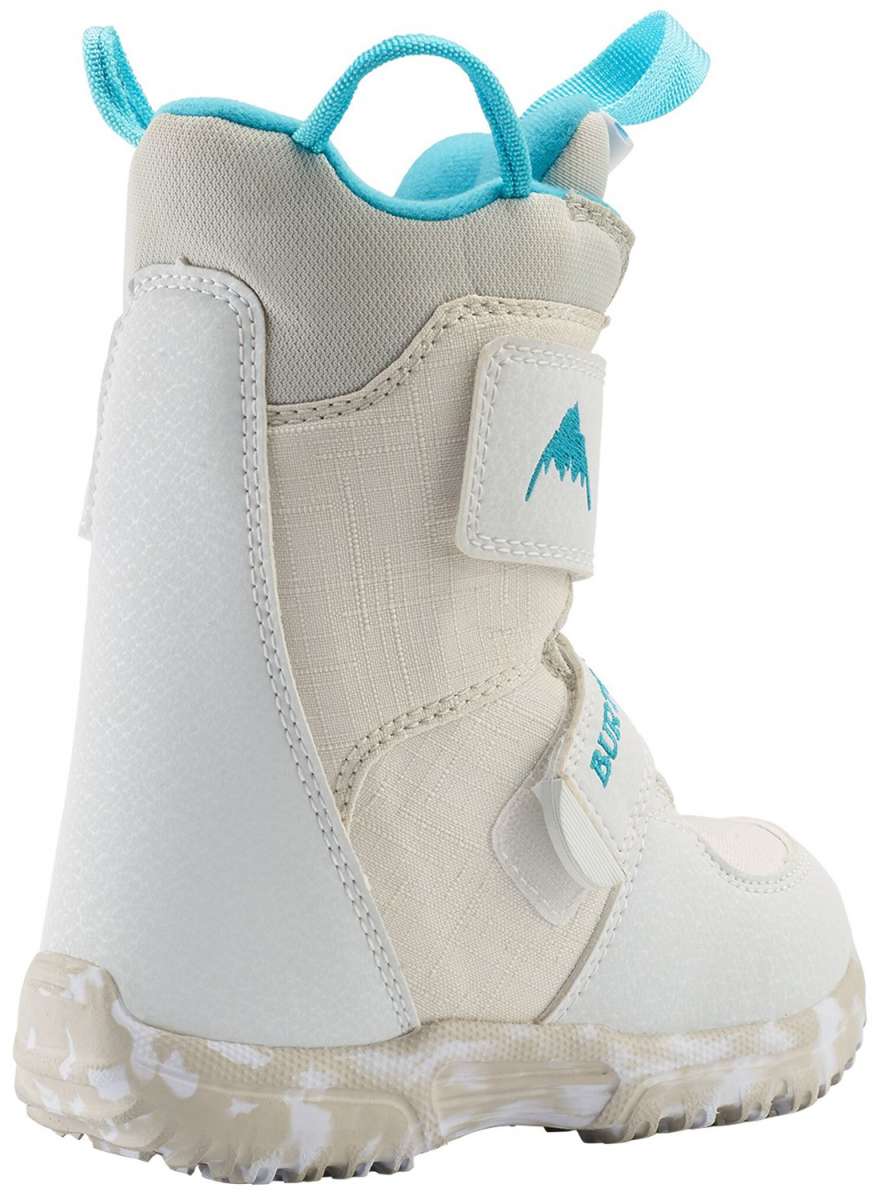 Burton Kid's Mini Grom Snowboard Boot 2024 - White snowboard boots with a blue logo on the side and light blue laces.
