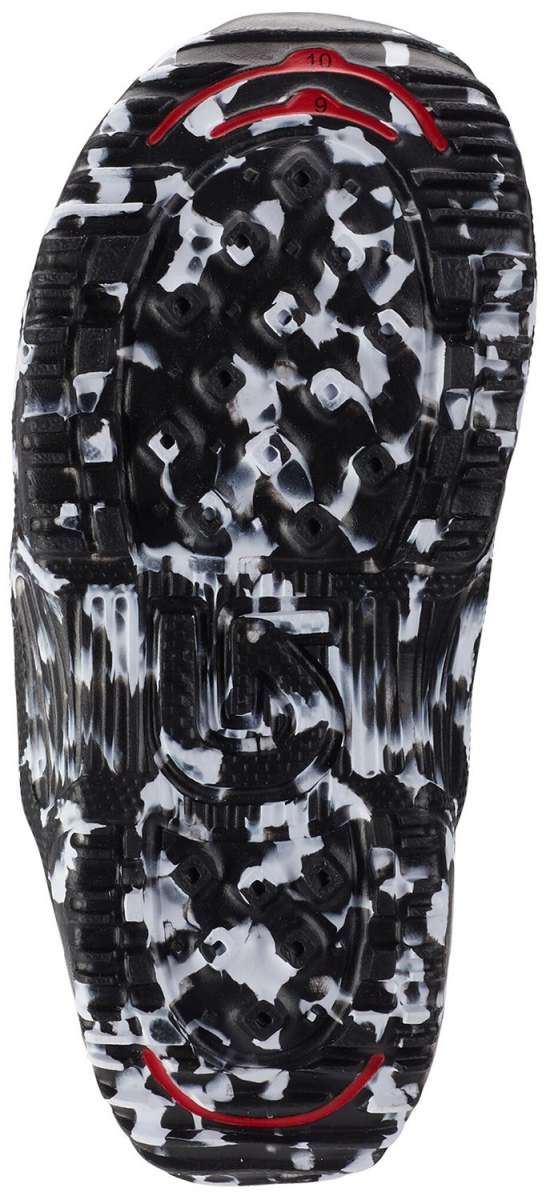 Burton Kid's Mini Grom Snowboard Boot 2024 - Black snowboard boot with a white pattern and red accents on top.