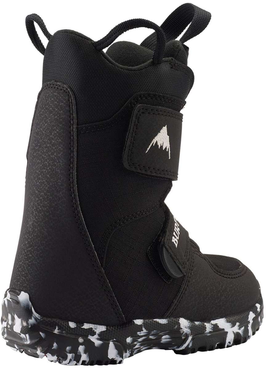 Burton Kid's Mini Grom Snowboard Boot 2024 - Black snowboard boots with white logo on strap and black laces.