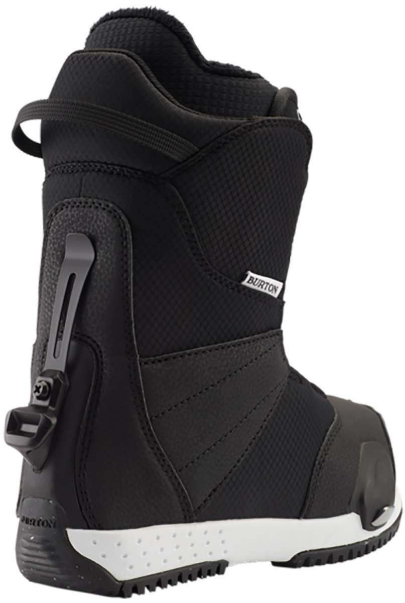 Burton Kids Zipline Step On Snowboarding Boots 2024 - Black boots with white accents and a textured pattern on the side.