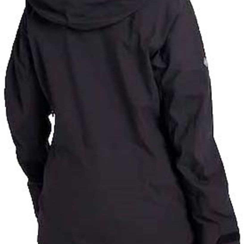 Burton Women's AK 3L GORE-TEX Kimmy Stretch Jacket 2024 - A black jacket with a hood, featuring white logos on both sleeves and a zipper closure at the front.