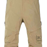 Burton Women's AK Gore-Tex Kimmy Bib Pant 2023 - A pair of khaki-colored snow pants with a black logo on the left leg and adjustable straps at the shoulders.
