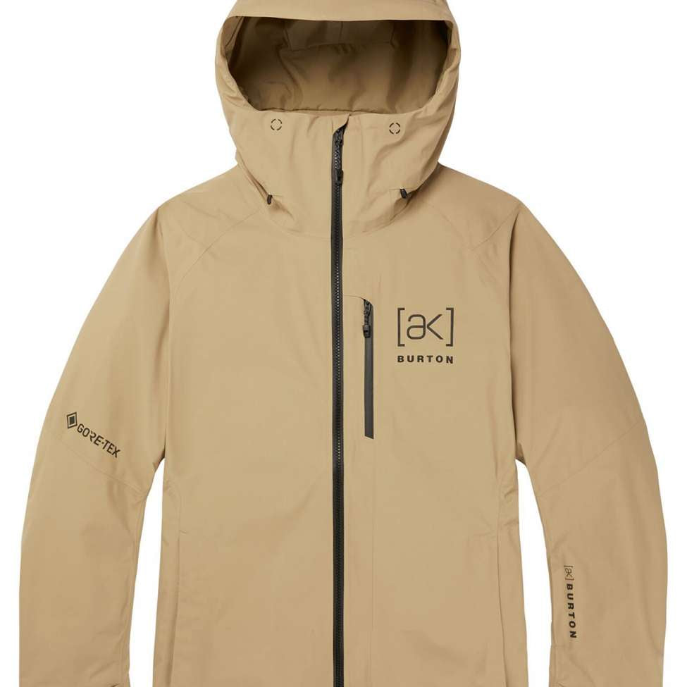 Burton Women's AK GORE-TEX Upshift 2-Layer Jacket 2024 - A tan jacket with a hood, featuring black zippers and a logo on the chest.
