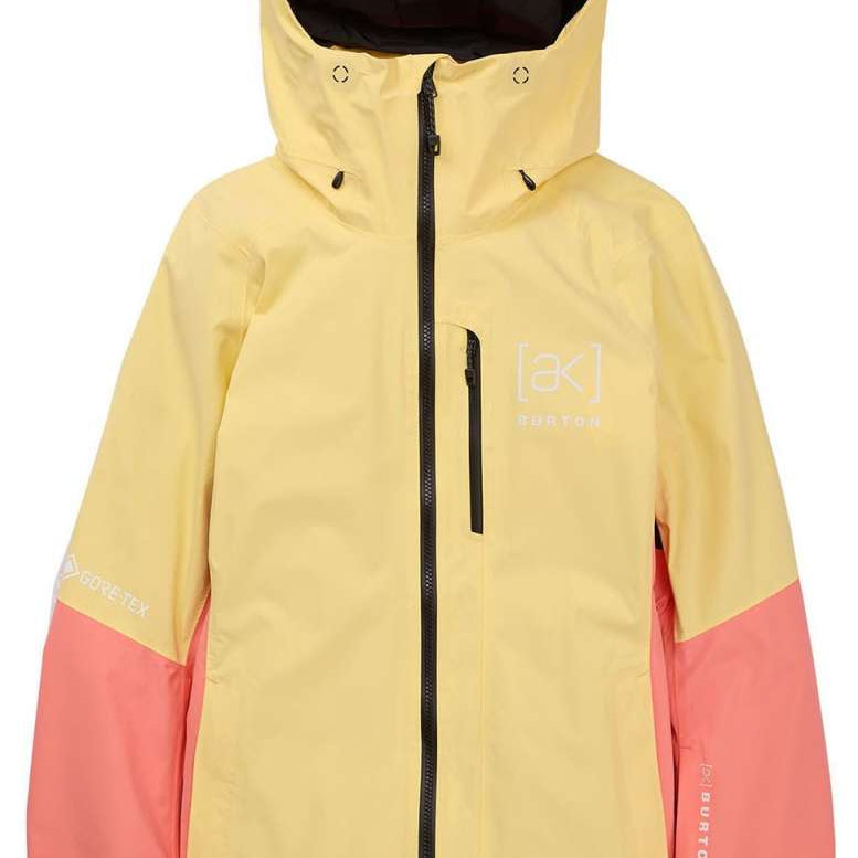 Burton Women's AK GORE-TEX Upshift 2-Layer Jacket 2024 - A yellow and pink jacket with a hood, featuring white lettering on the chest.