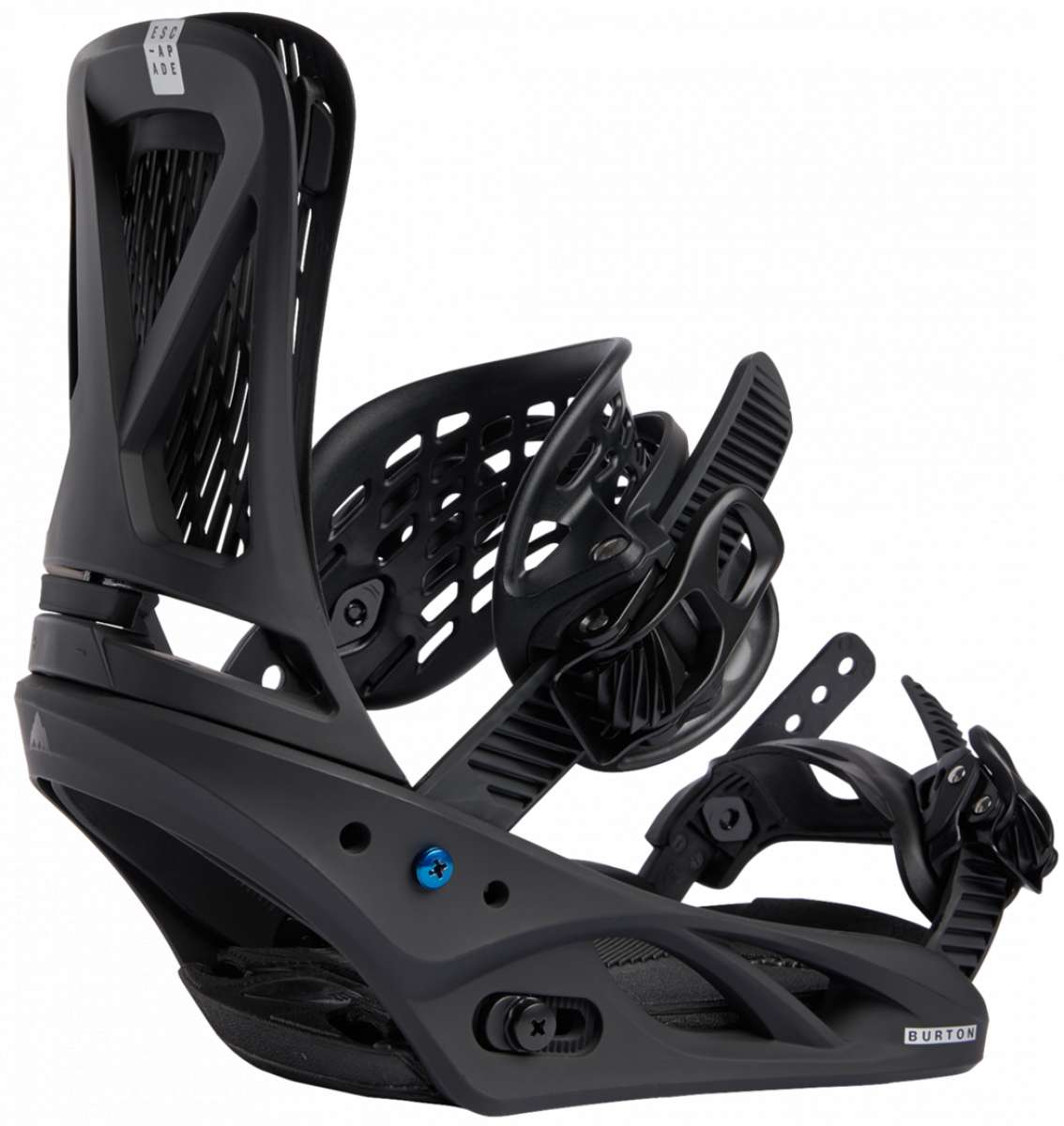 Burton Women's Escapade Snowboard Binding 2023 - A black snowboard binding with a white logo on top of the strap and a blue screw in front.