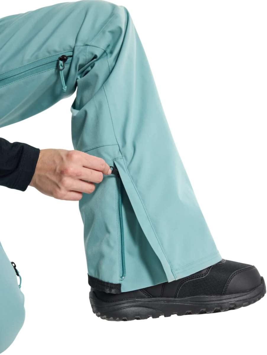 Burton Women's Gloria 2 Layer Stretch Pant 2024 - A pair of light blue snow pants with a zippered pocket on the side and a black zipper pull.