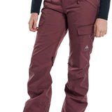 Burton Women's Gloria 2 Layer Stretch Pant 2024 - A pair of burgundy snow pants with a small zippered pocket on the right thigh and a white logo on the left leg.