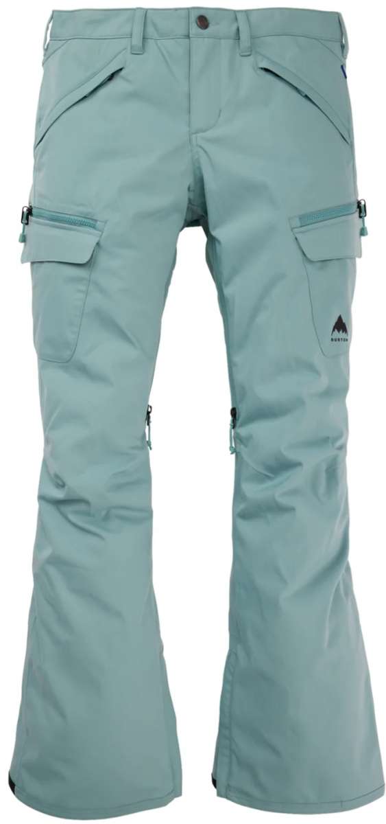 Burton Women's Gloria 2 Layer Stretch Pant 2024 - A pair of light blue snow pants with a small black logo on the left leg featuring a mountain peak design.