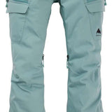 Burton Women's Gloria 2 Layer Stretch Pant 2024 - A pair of light blue snow pants with a small black logo on the left leg featuring a mountain peak design.