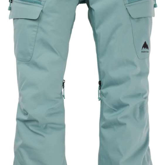 Burton Women's Gloria 2 Layer Stretch Pant 2024 - A pair of light blue snow pants with a small black logo on the left leg featuring a mountain peak design.