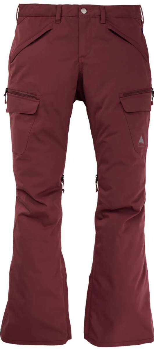 Burton Women's Gloria 2 Layer Stretch Pant 2024 - A pair of burgundy snow pants with a white logo on the left leg featuring a mountain design and the word "BURTON" in small letters.