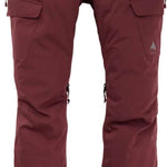 Burton Women's Gloria 2 Layer Stretch Pant 2024 - A pair of burgundy snow pants with a white logo on the left leg featuring a mountain design and the word "BURTON" in small letters.