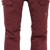 Burton Women's Gloria 2 Layer Stretch Pant 2024 - A pair of burgundy snow pants with a white logo on the left leg featuring a mountain design and the word "BURTON" in small letters.