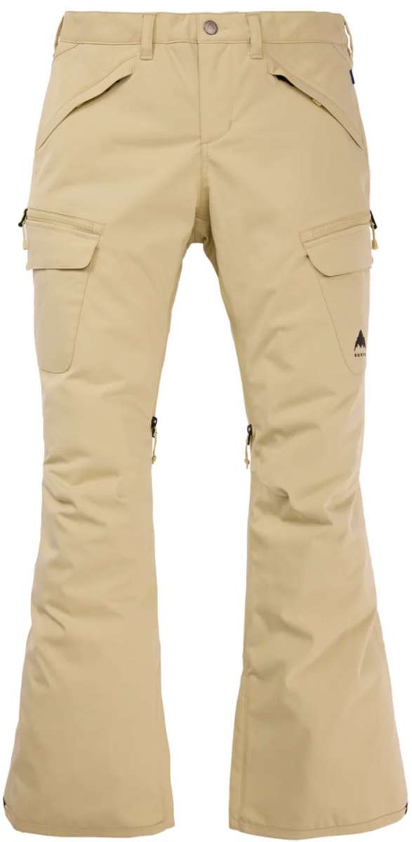 Burton Women's Gloria 2 Layer Stretch Pant 2024 - A pair of khaki-colored snow pants with a zippered pocket on the right thigh and a small black logo near the bottom left leg.