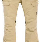 Burton Women's Gloria 2 Layer Stretch Pant 2024 - A pair of khaki-colored snow pants with a zippered pocket on the right thigh and a small black logo near the bottom left leg.