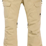 Burton Women's Gloria 2 Layer Stretch Pant 2024 - A pair of khaki-colored snow pants with a zippered pocket on the right thigh and a small black logo near the bottom left leg.