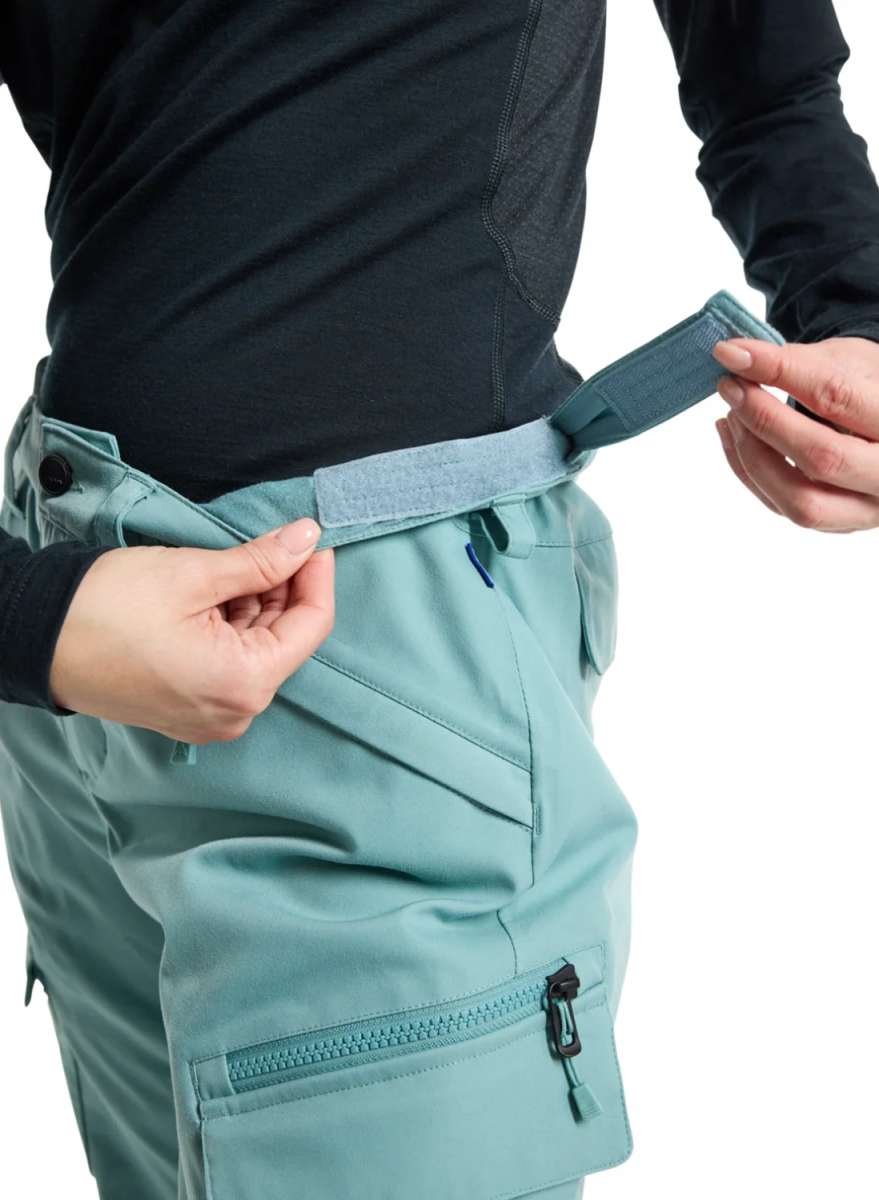 Burton Women's Gloria 2 Layer Stretch Pant 2024 - A pair of light blue snow pants with a zippered pocket on the side and a belt loop at the waist.