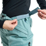 Burton Women's Gloria 2 Layer Stretch Pant 2024 - A pair of light blue snow pants with a zippered pocket on the side and a belt loop at the waist.