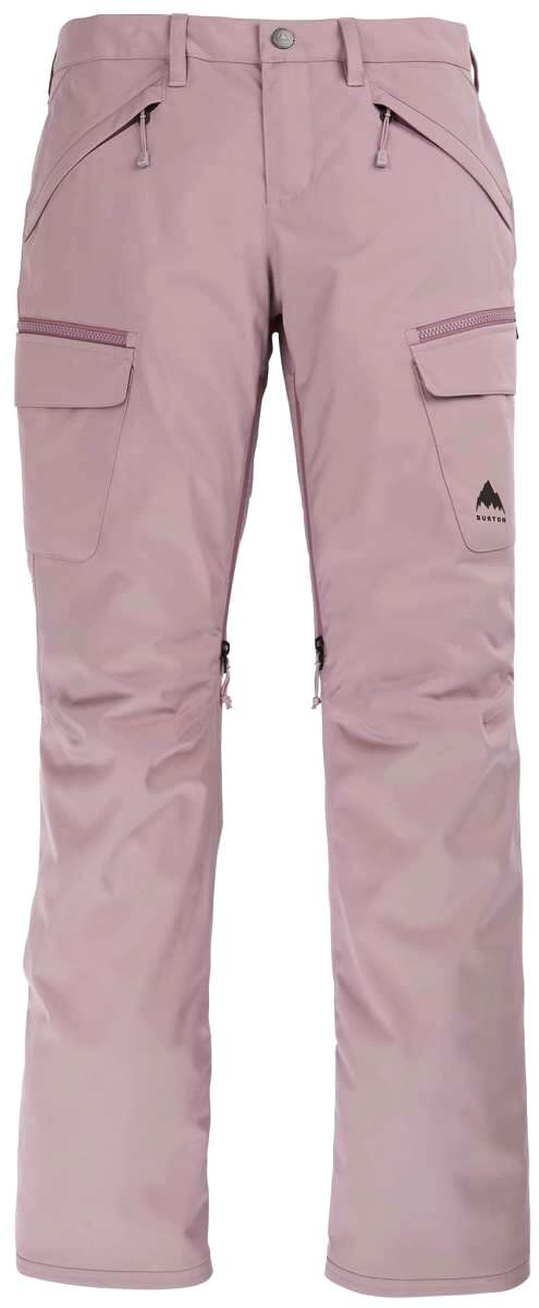 Burton Women's Gloria 2 Layer Stretch Pant 2024 - A pair of light pink snow pants with a zippered pocket on the right thigh and two cargo pockets on each leg.