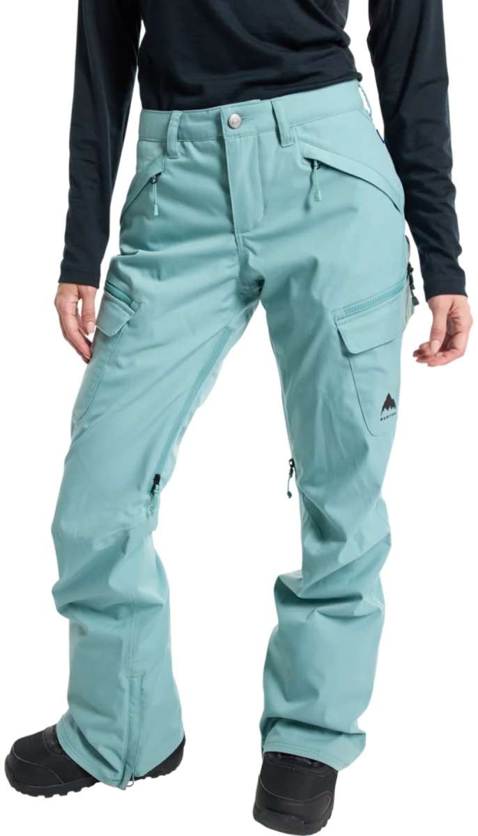 Burton Women's Gloria 2 Layer Stretch Pant 2024 - A pair of light blue snow pants with a zippered pocket on the thigh and adjustable Velcro straps at the waist.