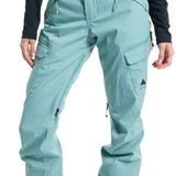 Burton Women's Gloria 2 Layer Stretch Pant 2024 - A pair of light blue snow pants with a zippered pocket on the thigh and adjustable Velcro straps at the waist.