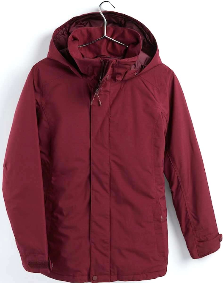 Burton Women's Jet Set insulated Jacket - A burgundy jacket with a hood, featuring a zipper and snap buttons down the front.