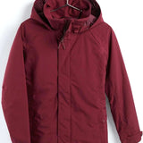 Burton Women's Jet Set insulated Jacket - A burgundy jacket with a hood, featuring a zipper and snap buttons down the front.