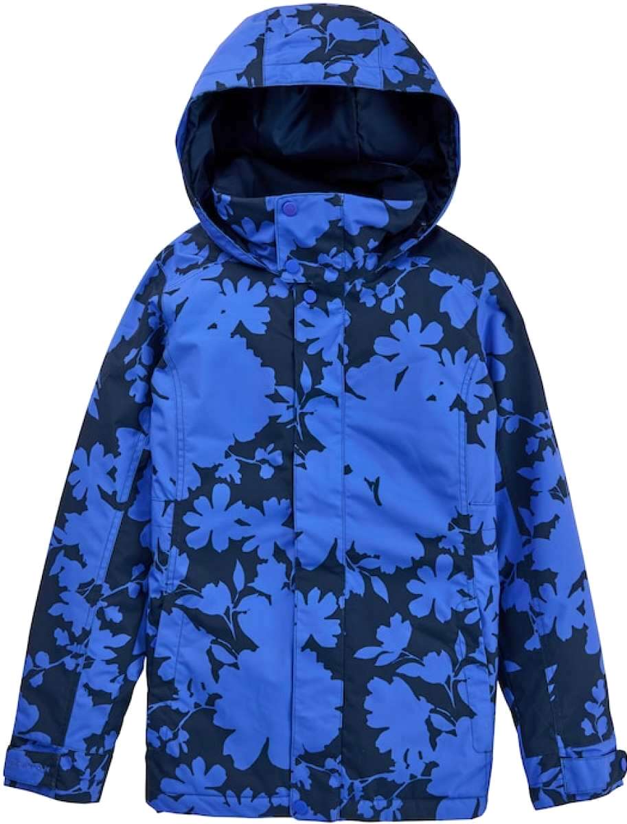 Burton Women's Jet Set insulated Jacket 2023 - A black jacket with a floral pattern of large blue flowers and leaves, featuring a hood and two front pockets.