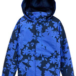 Burton Women's Jet Set insulated Jacket 2023 - A black jacket with a floral pattern of large blue flowers and leaves, featuring a hood and two front pockets.