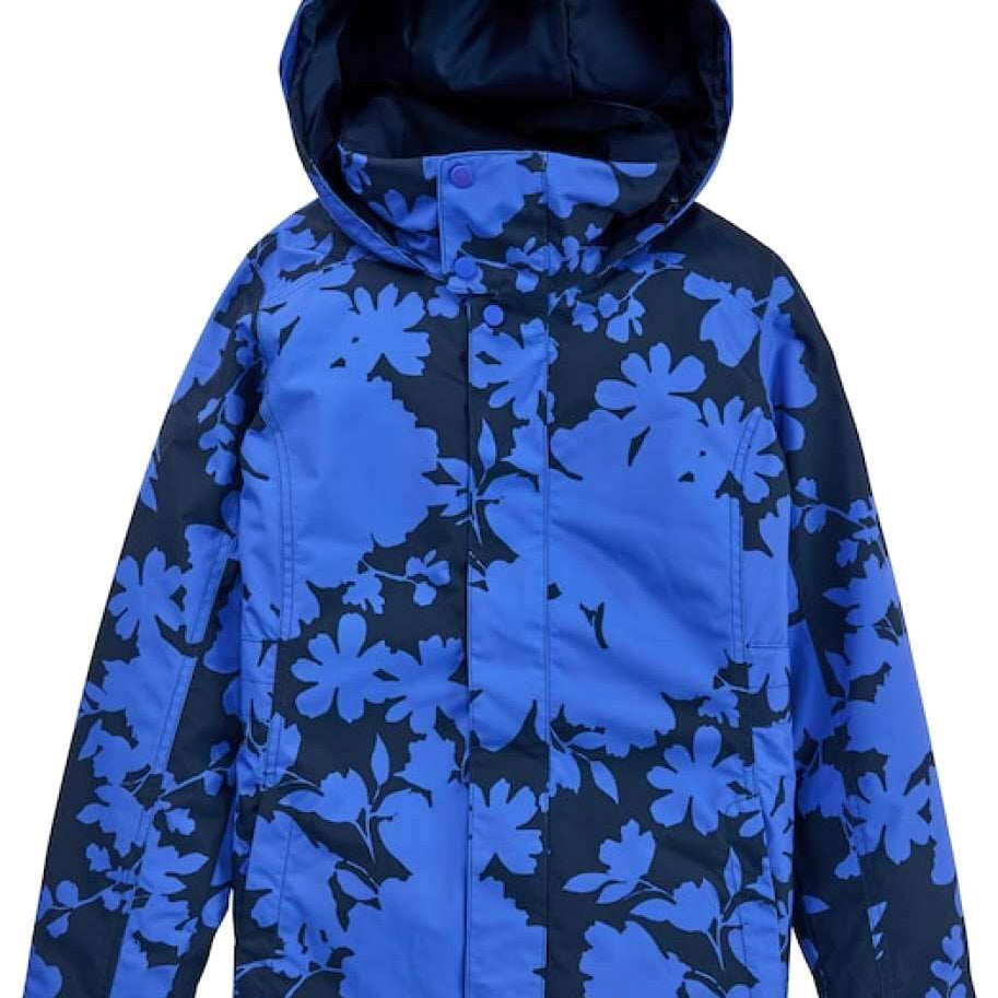 Burton Women's Jet Set insulated Jacket 2023 - A black jacket with a floral pattern of large blue flowers and leaves, featuring a hood and two front pockets.