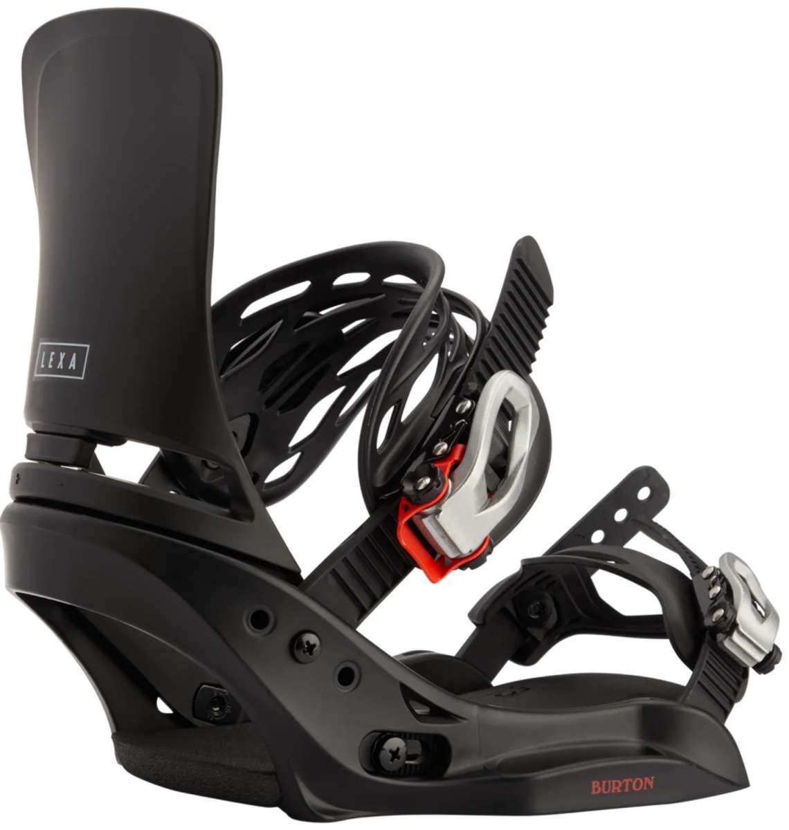 Burton Women's Lexa EST Snowboard Binding 2024 - A black snowboard binding with a white logo on the strap and red accents.