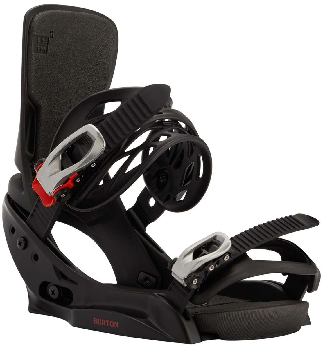Burton Women's Lexa EST Snowboard Binding 2024 - A black snowboard binding with silver buckles and red accents on a white background.