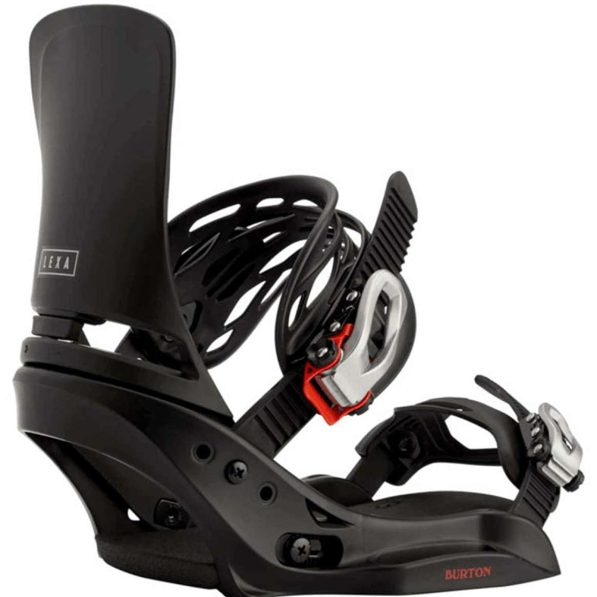 Burton Women's Lexa EST Snowboard Binding 2023 - A black snowboard binding with a white logo on the strap and red accents.