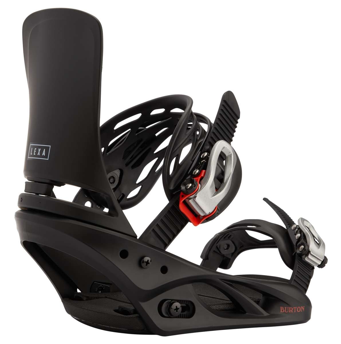 Burton Women's Lexa Snowboard Bindings - A black snowboard binding with a white logo on the strap and red accents.