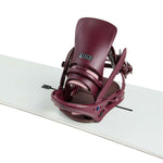 Burton Women's Lexa X Snowboard Binding 2024 - A maroon snowboard binding with a black strap and silver screws on a white background.