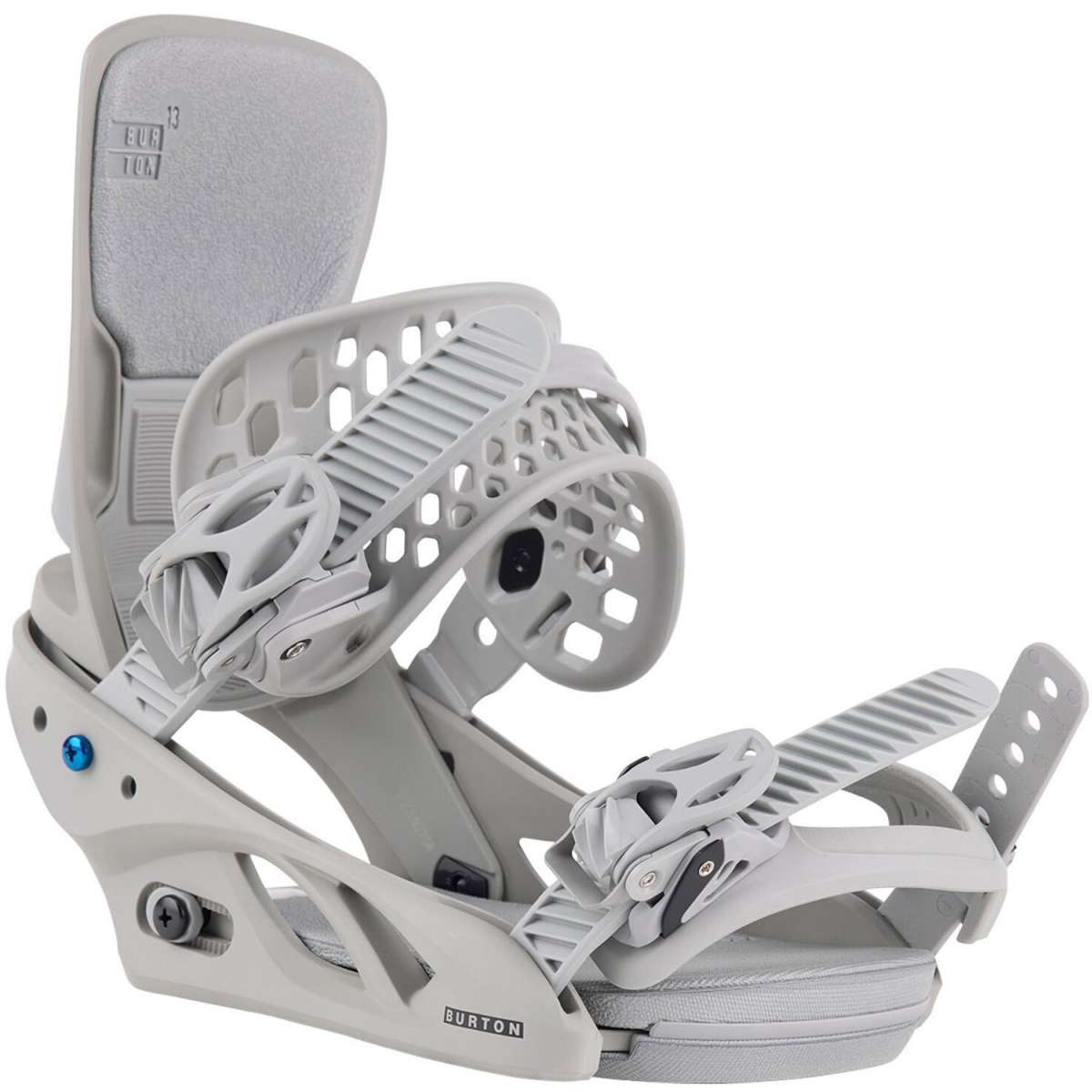 Burton Women's Lexa X Snowboard Binding 2024 - A light gray snowboard binding with a textured strap and a blue logo on the side.