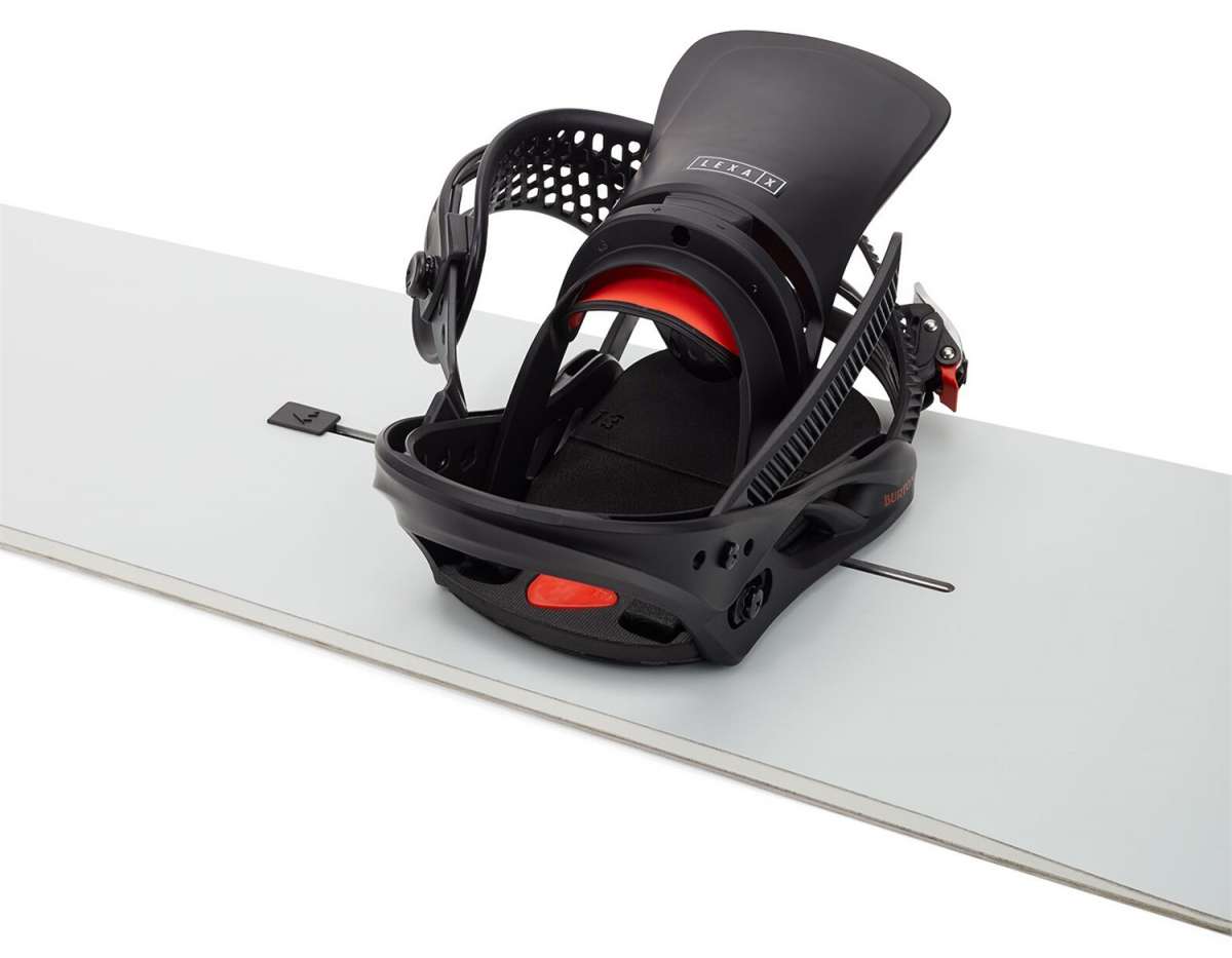 Burton Women's Lexa X Snowboard Binding - A black and red snowboard binding with a white logo on top of a light gray background.