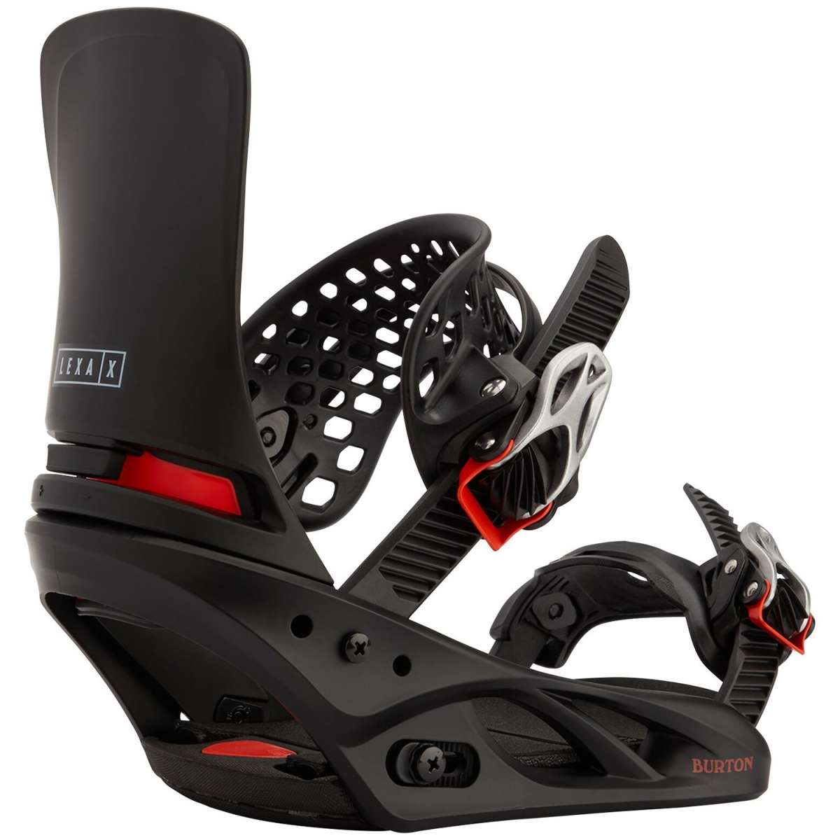 Burton Women's Lexa X Snowboard Binding 2024 - A black snowboard binding with a white logo on the strap and red accents.