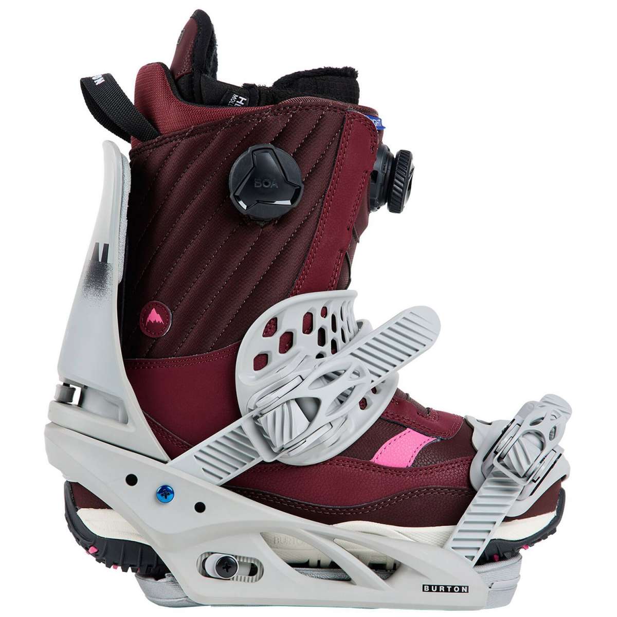 Burton Women's Lexa X Snowboard Binding 2024 - A black binding with a silver buckle and strap, featuring a pink logo on the side.