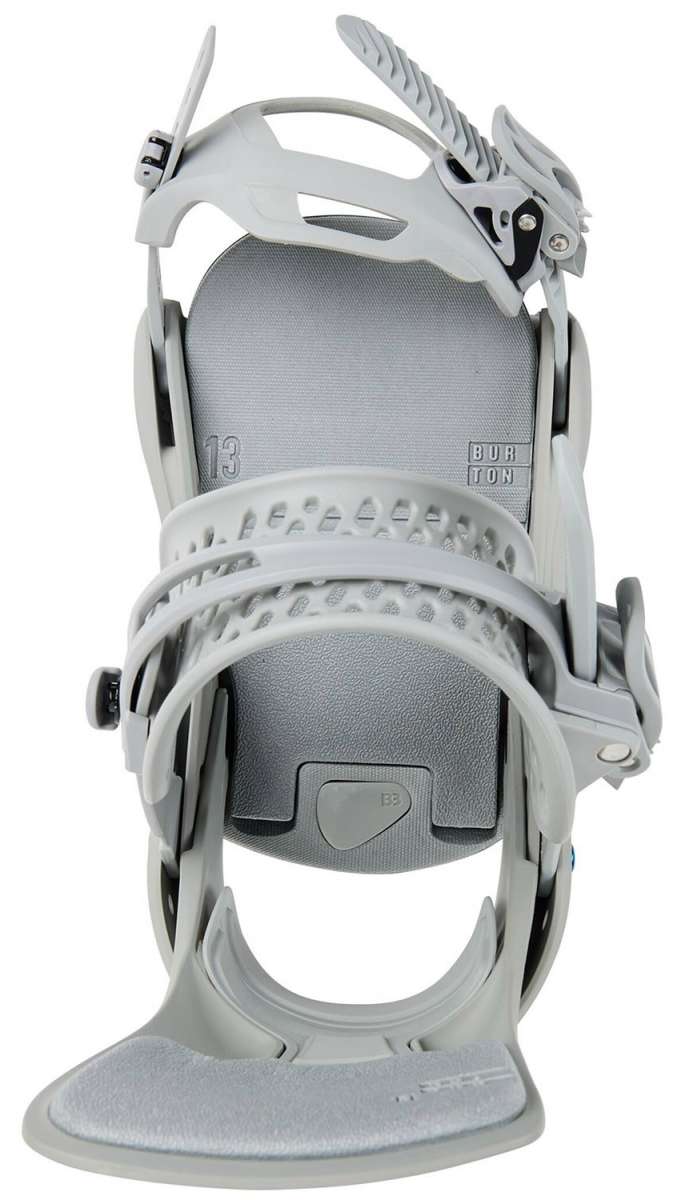 Burton Women's Lexa X Snowboard Binding 2024 - A light gray snowboard binding with a textured strap and a small black plastic piece on top.