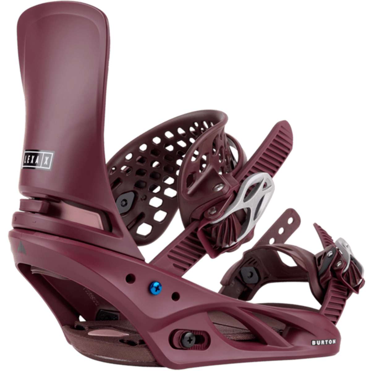 Burton Women's Lexa X Snowboard Binding 2024 - A maroon snowboard binding with a white logo on the strap and a blue screw in front.