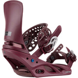 Burton Women's Lexa X Snowboard Binding 2024 - A maroon snowboard binding with a white logo on the strap and a blue screw in front.